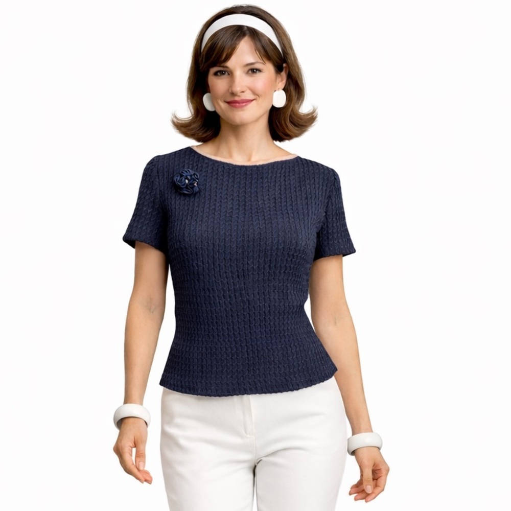 ST. JOHN Collection Black Knit Top Flower Brooch Detail Women’s 2 NWT $500